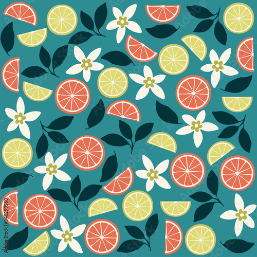 turquoise blue green background of limes, oranges, tangerines and flowers in rich colors 