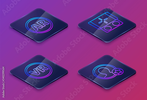 Set Isometric line Ar, augmented reality, Virtual reality glasses, Portable video game console and Premium create account screen. Blue square button. Vector