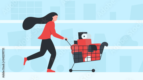Vector illustration of a woman carrying full shopping cart with goods in a supermarket. It represents a concept of food shopping, grocery store, shopping cart, supermarket and mall interior