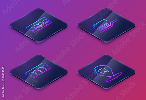 Set Isometric line Teeth with braces, Dentures model, Toothbrush with toothpaste and Dental clinic location. Blue square button. Vector