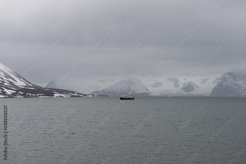 Expedition ship in Arctic sea, Svalbard