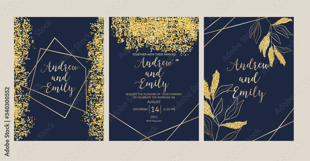 Wedding invitation card templates with navy blue background, gold ...