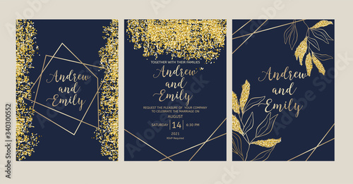 Wedding invitation card templates with navy blue  background, gold geometric frame, glitter and line hand drawn leaves