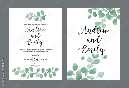 Set of wedding invitation card template. Green leaves of Silver Dollar Eucaly...