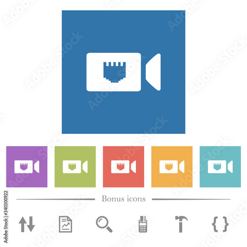 IP camera flat white icons in square backgrounds