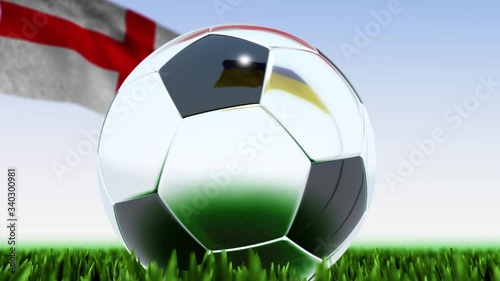 Seamless looping 3d animation of a soccer ball reflecting the flags of Ukraine and England in 4K resolution