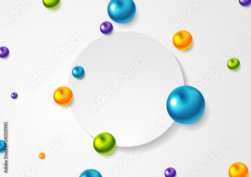 Fototapeta Naklejka Na Ścianę i Meble -  Colorful glossy beads and white blank circle abstract tech background. Vector design