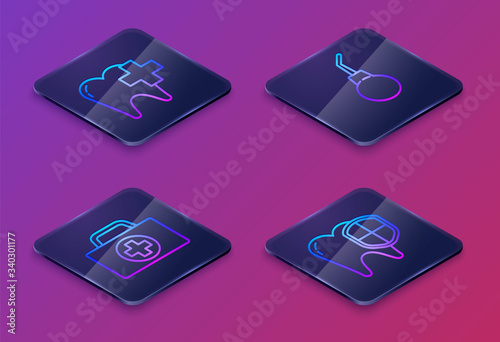 Set Isometric line Dental clinic for dental care tooth, First aid kit, Enema pear and Dental protection. Blue square button. Vector