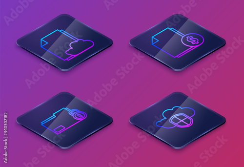 Set Isometric line Cloud storage text document, Folder and lock, Finance document and Cloud and shield. Blue square button. Vector