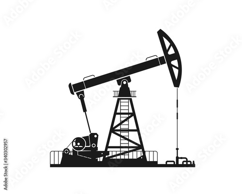 Black silhouette of a pump jack is isolated on a white background. Vector illustration, eps 10.