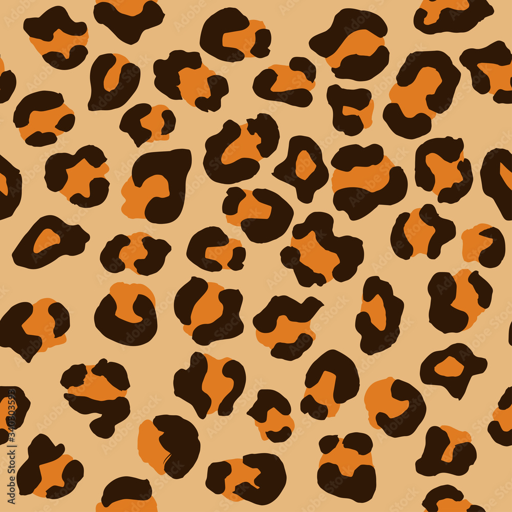 Leopard seamless pattern. Vector animal print. Brown and yellow spots on a beige background. Jaguar, leopard, cheetah, panther fur. Leopard skin imitation can be painted on clothes or fabric. Leopard seamless pattern. Vector animal print. Brown and yellow spots on a beige background. Jaguar, leopard, cheetah, panther fur. Leopard skin imitation can be painted on clothes or fabric.