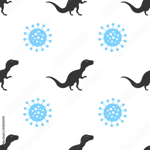 Silhouette Dinosaurs Vector Seamless Pattern with molecule coronavirus. Background Wallpaper