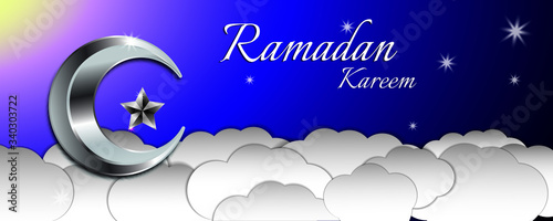 ramadan kareem banner, silver moon and lantern, blue background, greeting card