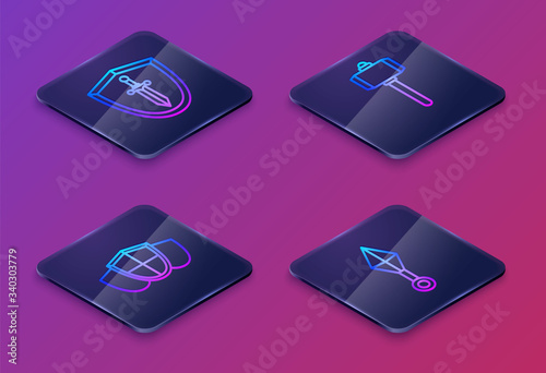 Set Isometric line Medieval shield with sword, Shield, Battle hammer and Japanese ninja shuriken. Blue square button. Vector