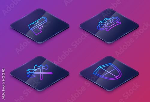Set Isometric line Pistol or gun, Crossed medieval axes, Brass knuckles and Shield. Blue square button. Vector