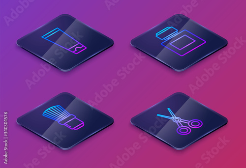 Set Isometric line Cream or lotion cosmetic tube, Shaving brush, Aftershave and Scissors hairdresser. Blue square button. Vector
