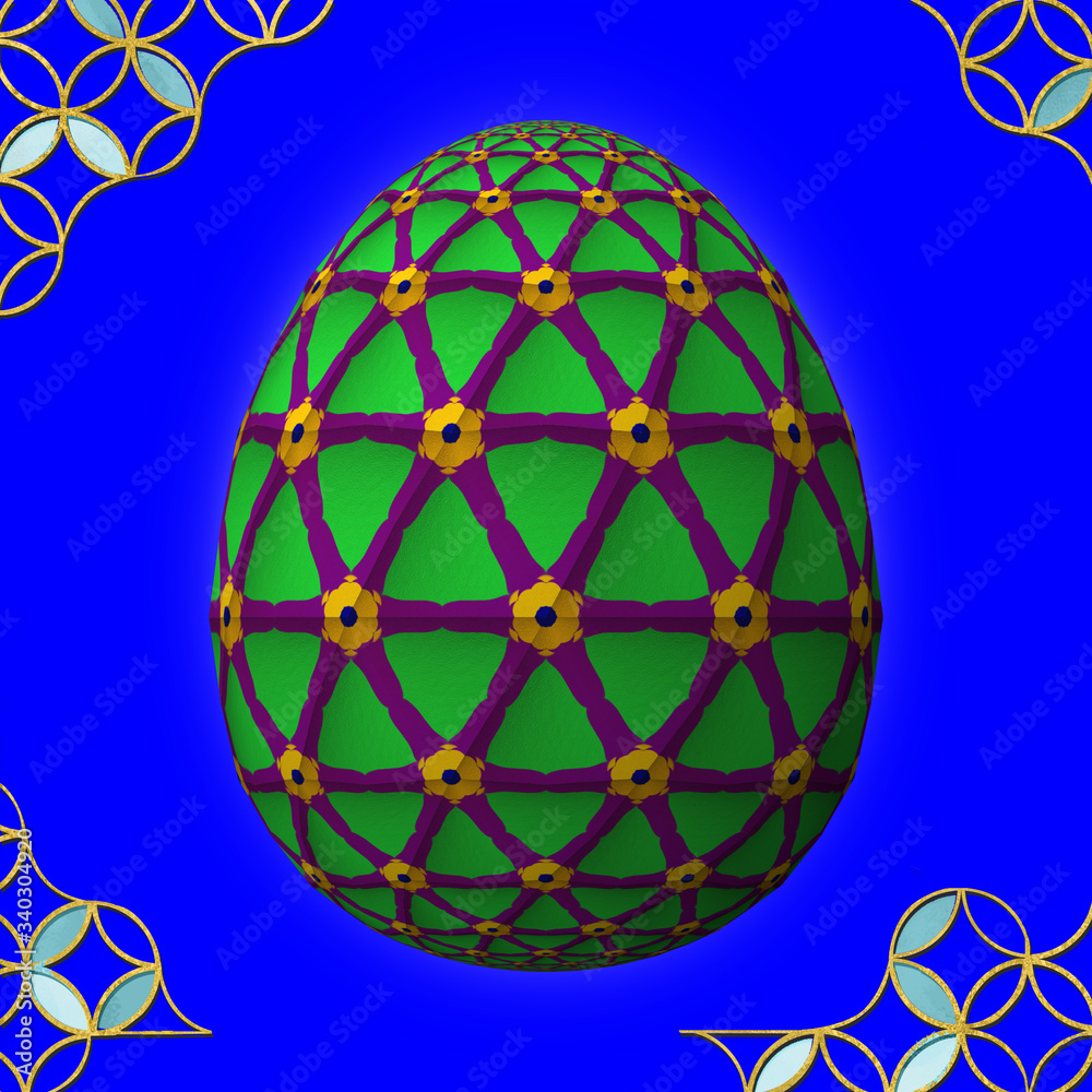 Colorful 3D easter egg with frame on blue background Colorful 3D easter egg with frame on blue background