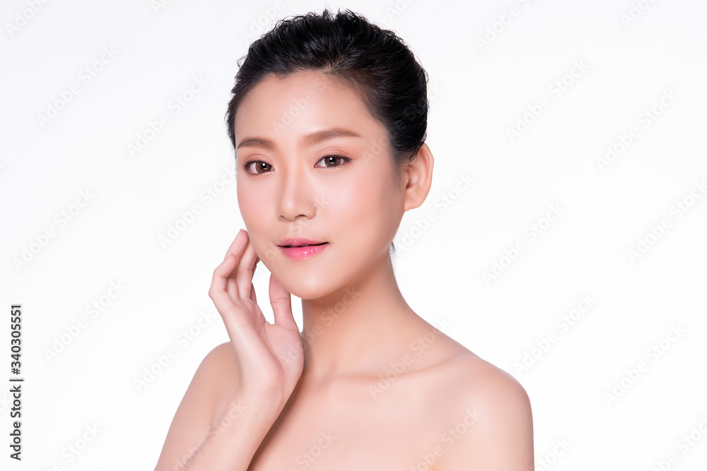 Beautiful Young Asian Woman with Clean Fresh Skin. Face care, Facial treatment, Cosmetology, beauty and healthy skin and cosmetic concept, woman beauty skin isolated on white background