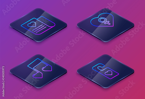 Set Isometric line Envelope with Valentine heart, Music note, tone with hearts, Heart with female gender and Please do not disturb with heart. Blue square button. Vector