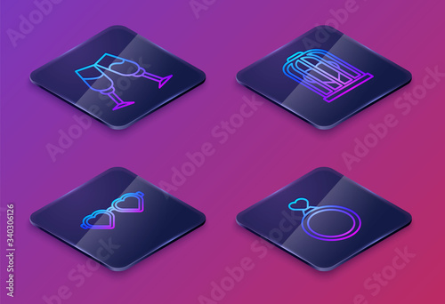 Set Isometric line Glass of champagne, Heart shaped love glasses, Heart in the bird cage and Wedding rings. Blue square button. Vector