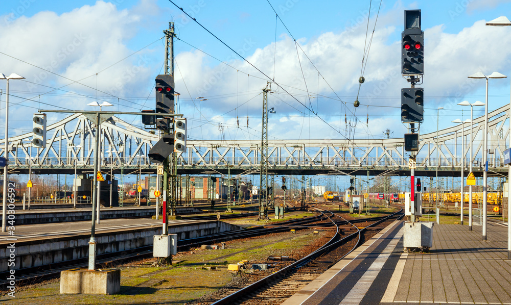 Platforms and tracks of the Darmstadt Hauptbahnhof (Main Railway Station) on a sunny day. Railway infrastructure. Hesse, Germany. Platforms and tracks of the Darmstadt Hauptbahnhof (Main Railway Station) on a sunny day. Railway infrastructure. Hesse, Germany.