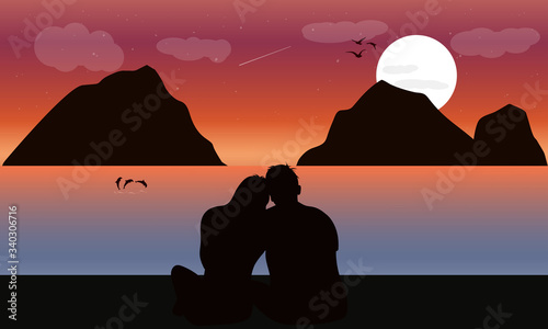 image silhouette twilight with the couple on the beach and moon background, design vector illustration