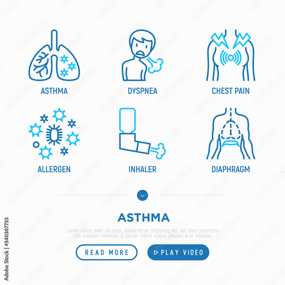 Asthma thin line icons set allergen, dyspnea, cough, wheezing, chest