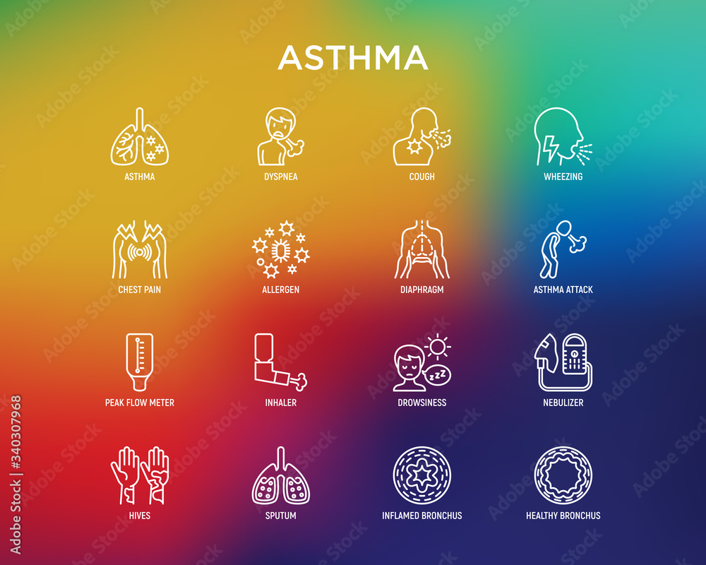Asthma thin line icons set allergen, dyspnea, cough, wheezing, chest