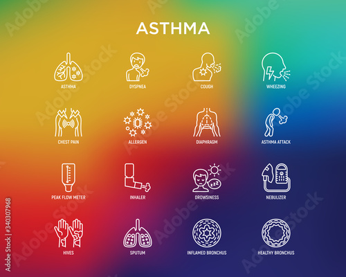 Asthma thin line icons set: allergen, dyspnea, cough, wheezing, chest pain, diaphragm, asthma attack, hives, sputum, peak flow meter, inhaler, nebulizer. Modern vector illustration.