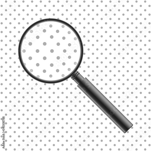 Vector Realistic Magnifier. Isolated Gray Metal Magnifying Glass Enlarging Dot Pattern. Loupe Tool With an Optical Lens, 3d Zoom Instrument. Scientific or Detective Research, Study, Discovery Concept.