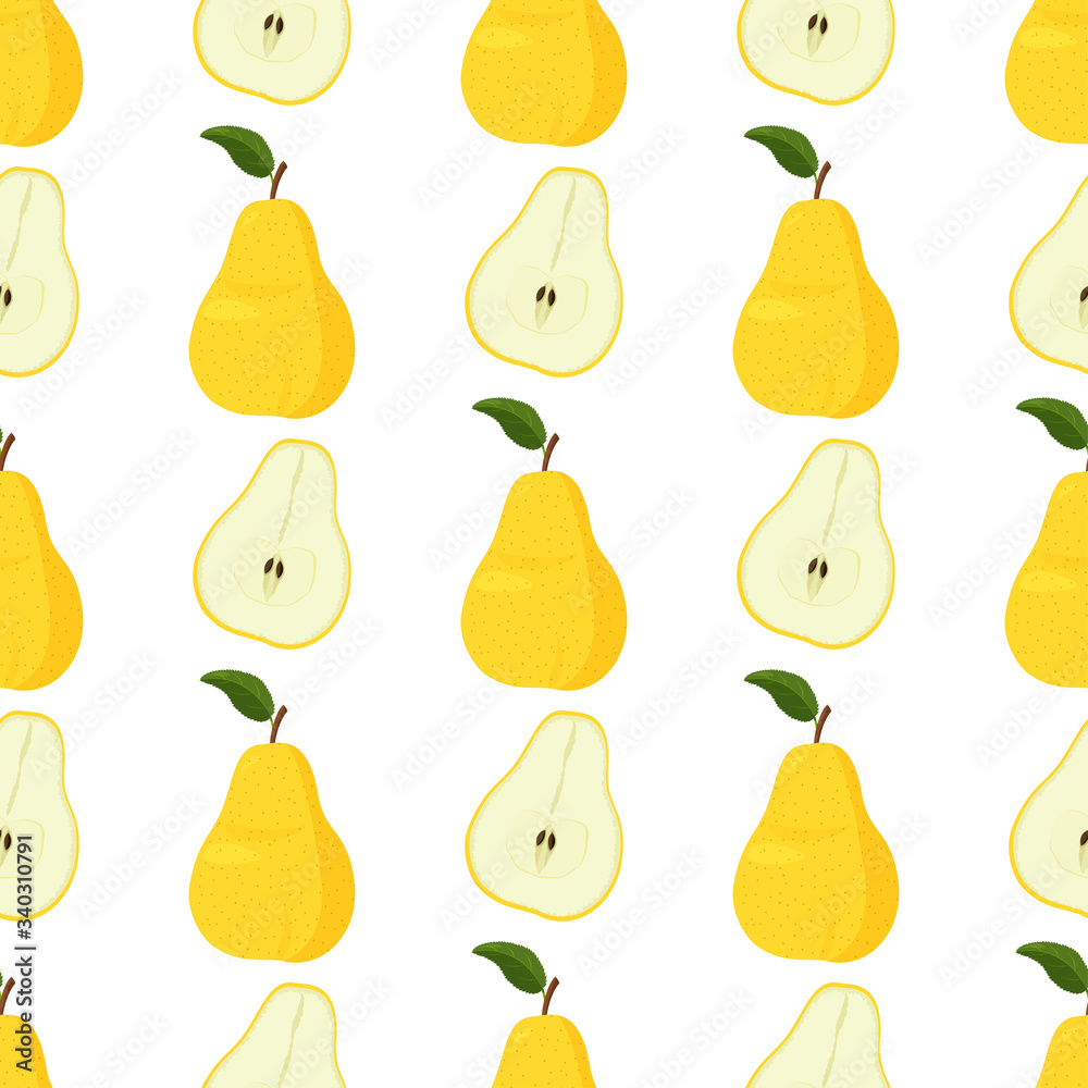Fresh yellow pear seamless pattern. Bright summer background.