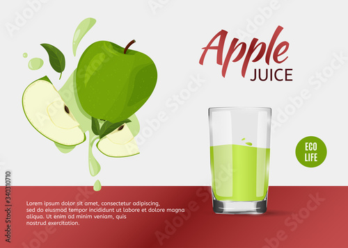 Fresh green apples design template for ads. Bright fruits with splashes and drinking glass red background for promotion.