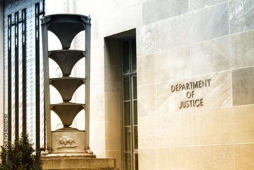 WASHINGTON, DC : the Department of Justice (DOJ) in Washington, DC The DOJ is led by the Attorney General, the nation's top law enforcement official. photo