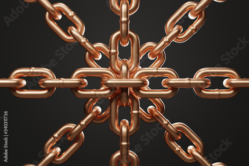 golden brass chains connected by one link isolated on black background. 3d rendering - illustration.