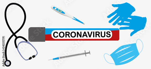 Vector illustration of test tube with coronavirus blood sample on the background of medical equipment.Protective mask,gloves,stethoscope,thermometer.Graphics elements for banner,poster.