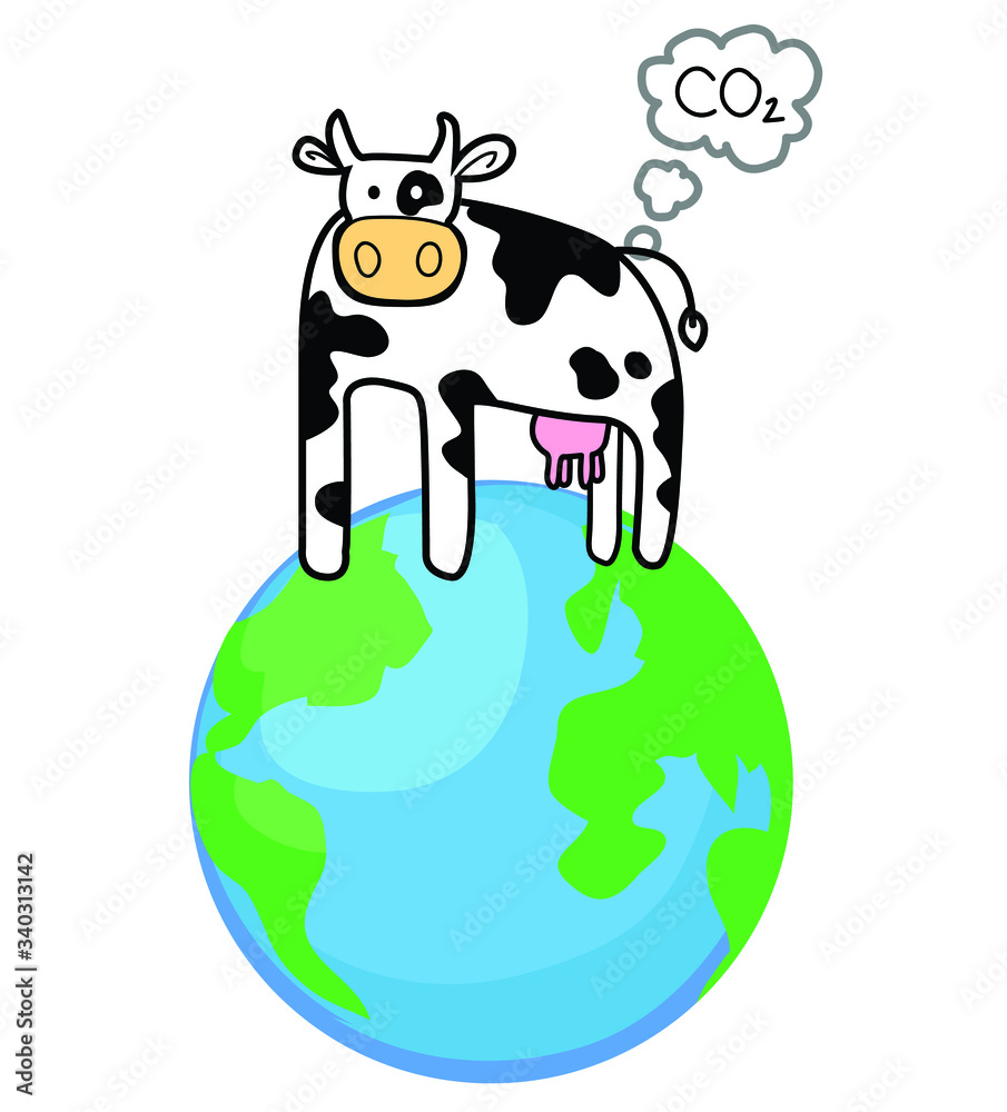 cow standing on planet earth gas CO2 polution in air atmosphere animal  symbol milk icon isolated on white background Stock Vector | Adobe Stock