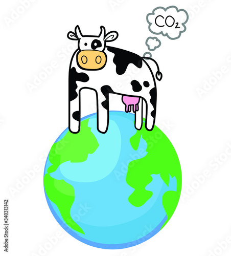 cow standing on planet earth gas CO2 polution in air atmosphere animal symbol milk icon isolated on white background 