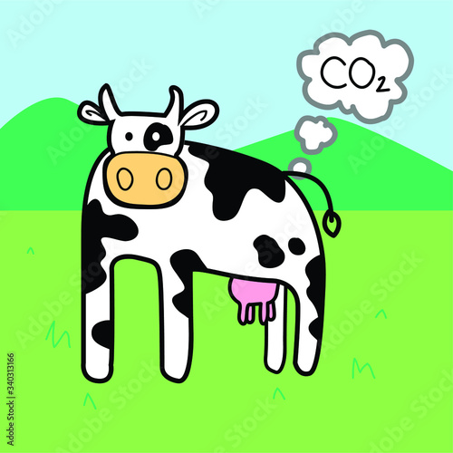 cow  polution farts gas CO2 in air atmosphere animal symbol milk icon isolated in nature background 