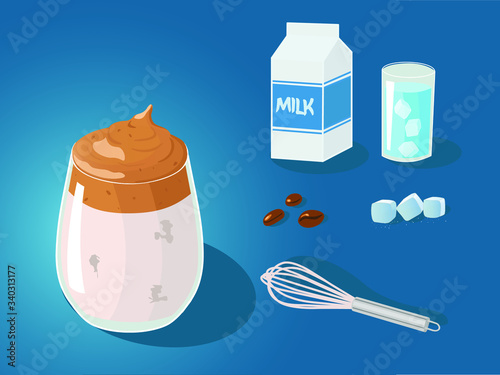 Dalgona coffee is a fluffy drink made by whipping in equal proportions instant coffee, sugar and hot water until it becomes creamy, and then adding it to cold or hot milk. Colored Vector Illustration.