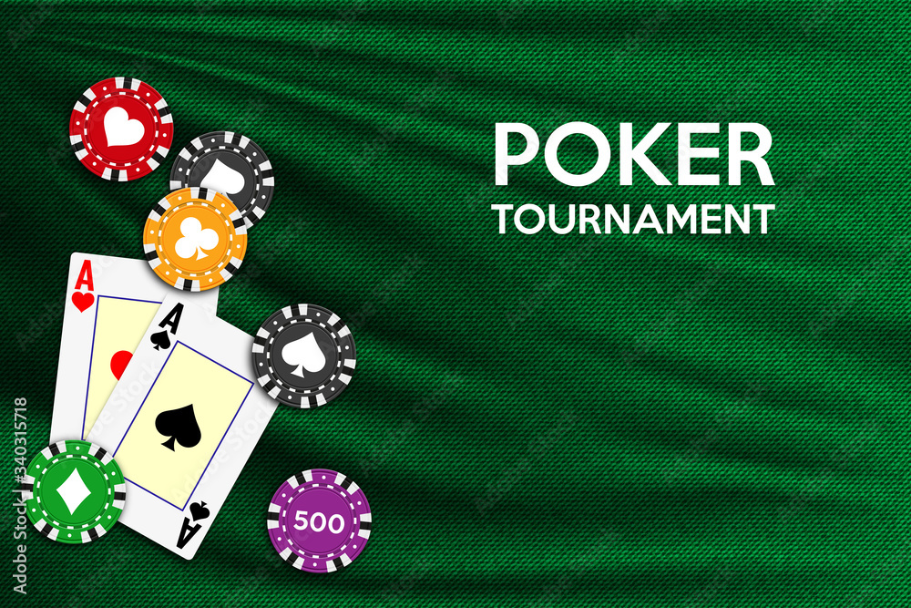 Poker table background in green cloth color with aces and poker chips