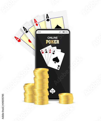 Online mobile casino background. Poker application for online game. Smart phone with cards and coins. Vector illustration.