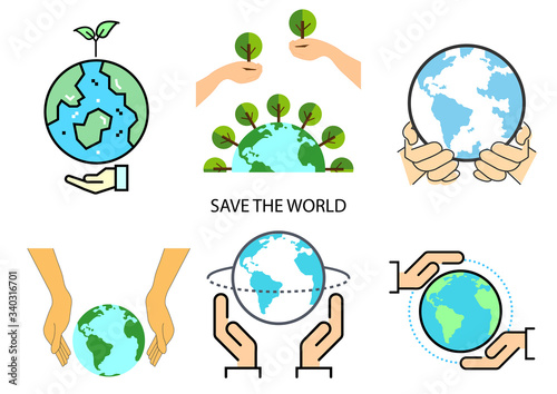 flat icons for save the world,hands,trees,vector illustrations