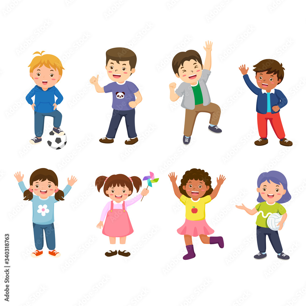 Set of school kids or children character in happy action. Vector illustration isolated on white background. Set of school kids or children character in happy action. Vector illustration isolated on white background.