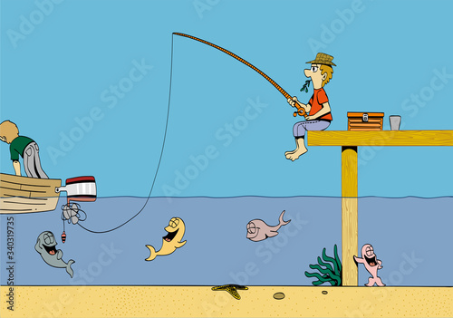 Man fishing on a pier while fishes laugh at him. Joke. Boat. Cartoon cute funny style humorous vector illustration.