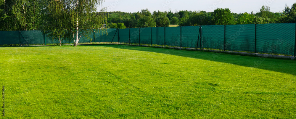 Fototapeta premium Zielona trawa w ogrodzie ogrodzona .