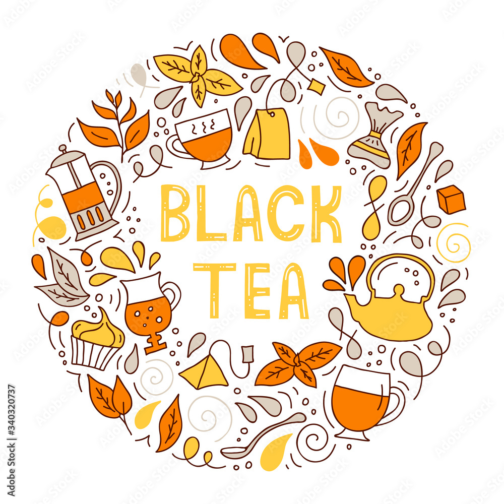 Black tea. Round hand-drawn poster with lettering. Vector colorful frame for menu design, packaging, signage and advertising. Composition with stylized doodle elements. Black tea. Round hand-drawn poster with lettering. Vector colorful frame for menu design, packaging, signage and advertising. Composition with stylized doodle elements.