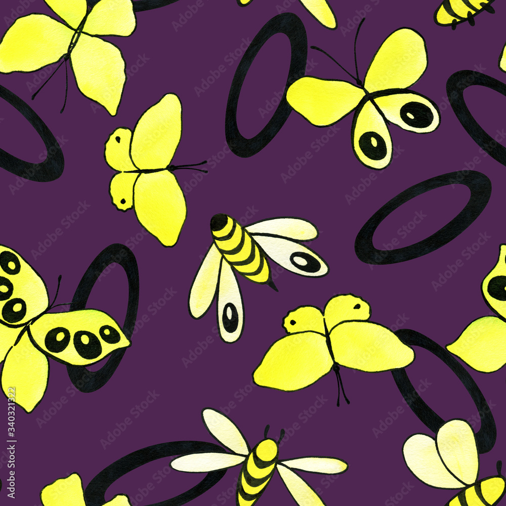 Fototapeta premium Seamless pattern with hand painted watercolor yellow butterflies, butterfly, bee, abstract lines. Stock illustration. Fabric wallpaper print texture.