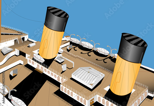 Aerial deck view bow, transatlantic sailing in the ocean. Big cruise transatlantic. Old big passengers ship. Detailed vintage famous sunken transatlantic. First class passengers. Vector illustration.