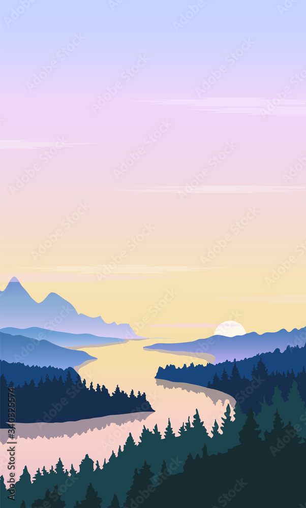 Vector illustration of mountain forest valley with river view, beautiful sunset in the mountains.