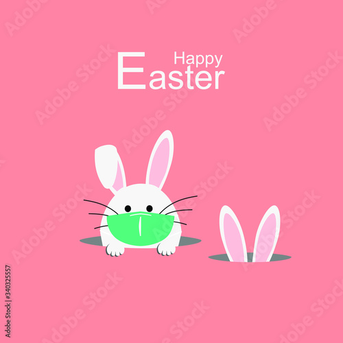 Happy Easter. Easter egg with rabbit ear in medical face mask on white background. Vector illustration